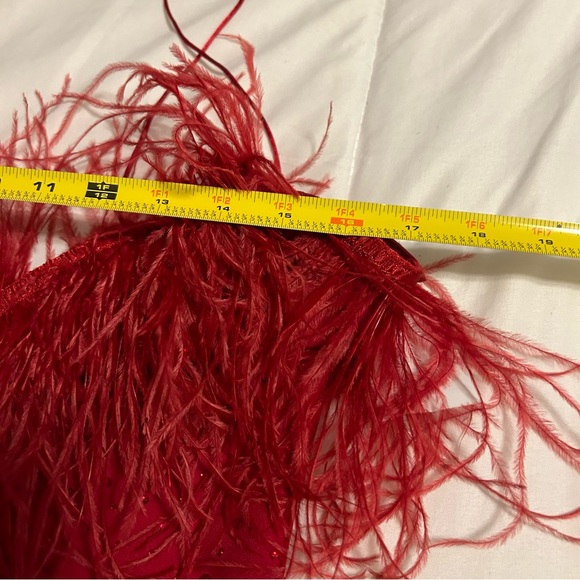 Miss Circle Red Mini Dress XL Crystals Feathers Stretch Holiday Party Dress - Picture 8 of 13